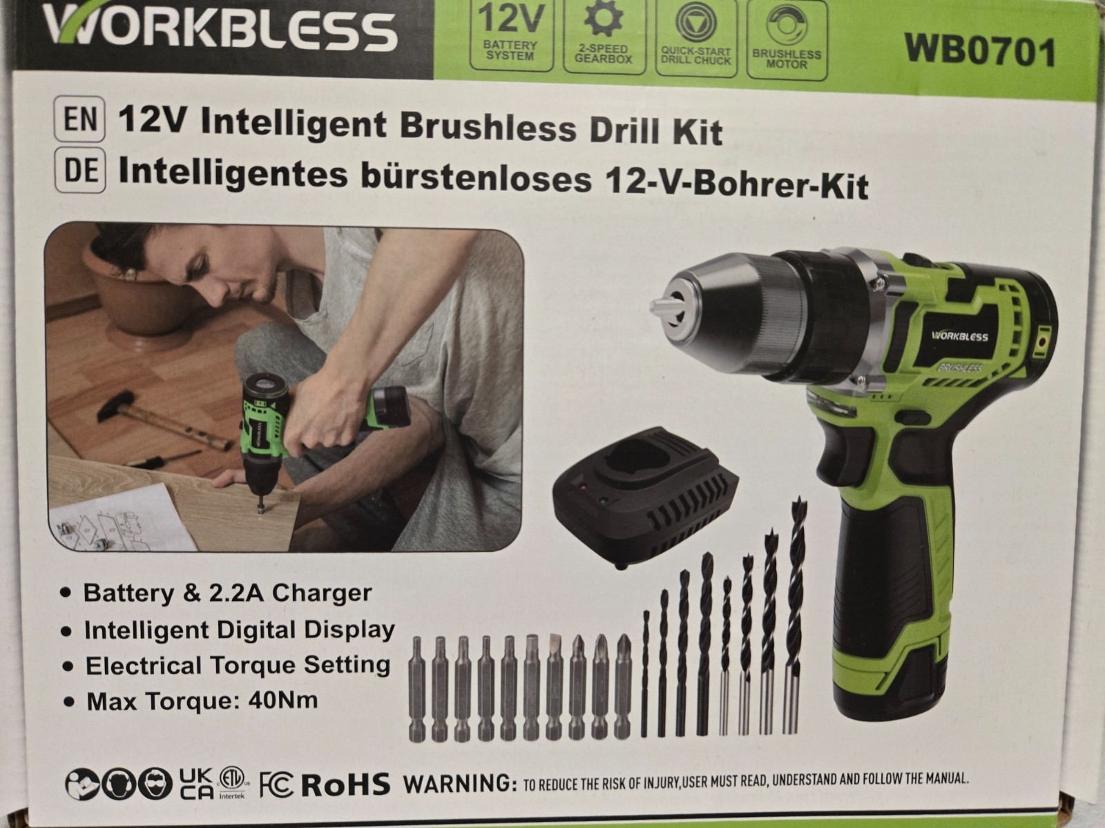 WORKBLESS 12V Cordless Power Drill Set w/ LCD Smart Display 18pc Drill Bits NEW
