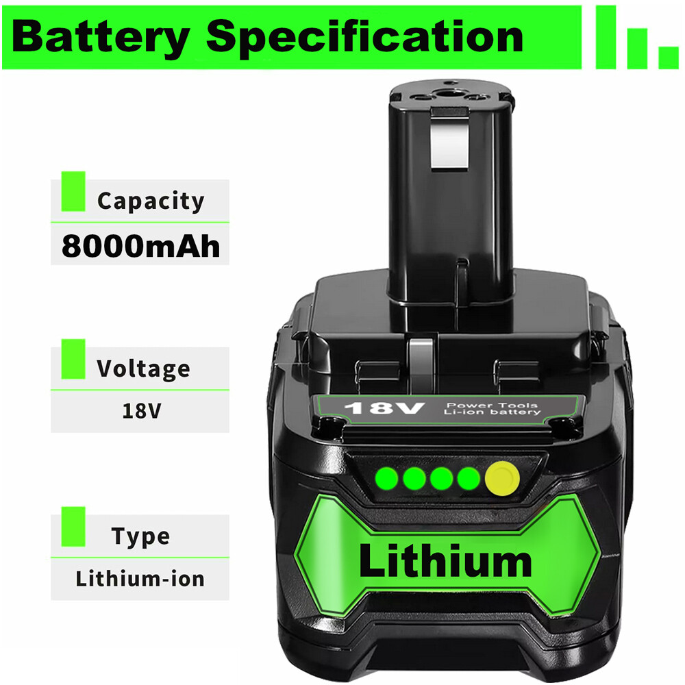 Pack 8.0Ah For RYOBI P108 18V One Plus High Capacity Battery 18 Volt Lithium-Ion