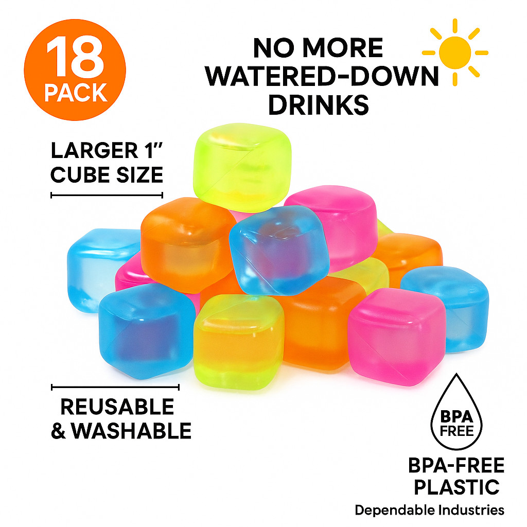 18-Pack Reusable Ice Cubes – 1″ Square BPA-Free Multicolor Chilling Cubes