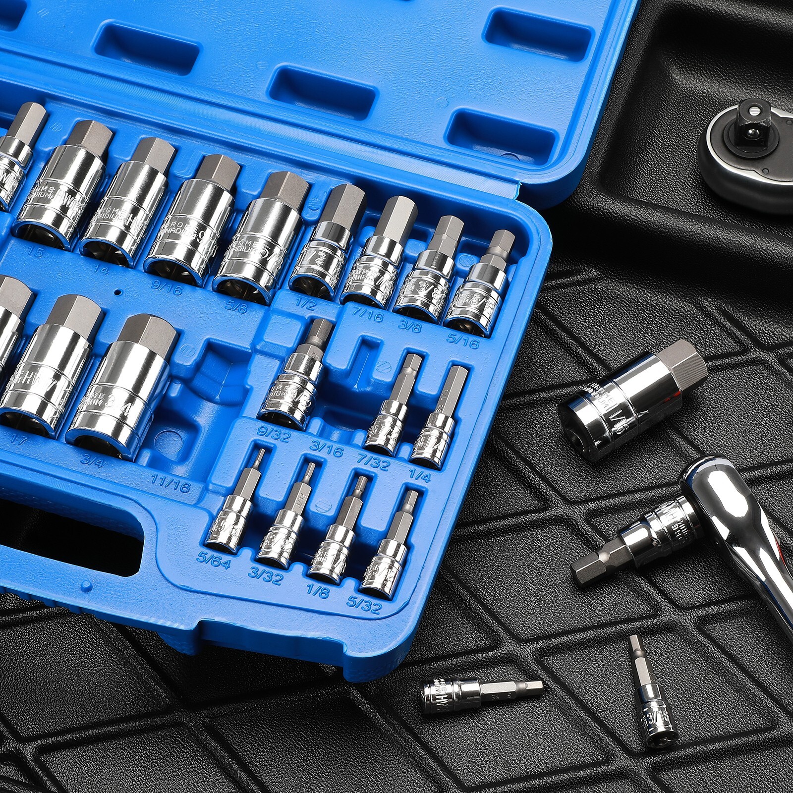33PCS Hex Bit Socket Set, 1/4″, 3/8″ and 1/2″ Drive, SAE & Metric Allen Socket