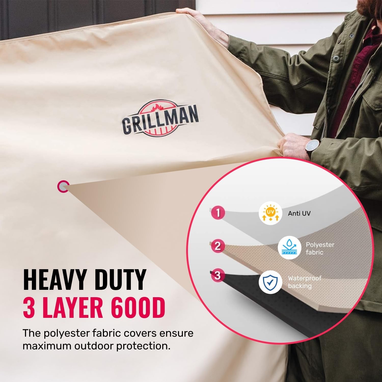 Grillman Grill Cover BBQ Outdoor Grill Covers Charcoal Gas Grills Tan, 58 in 2PK