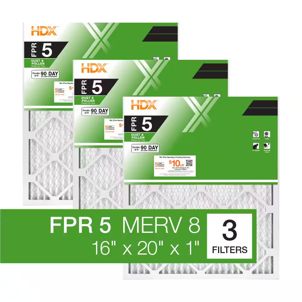 16 X 20 X 1 In. Standard Pleated Furnace Air Filter FPR 5, MERV 8 (3-Pack)