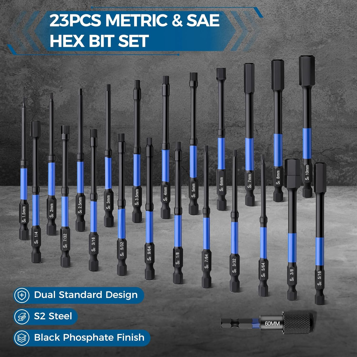 23PCS 4 Inch Hex Bit Set, Metric & SAE Allen Wrench Drill Bit Set, 1/4″ Hex Shan