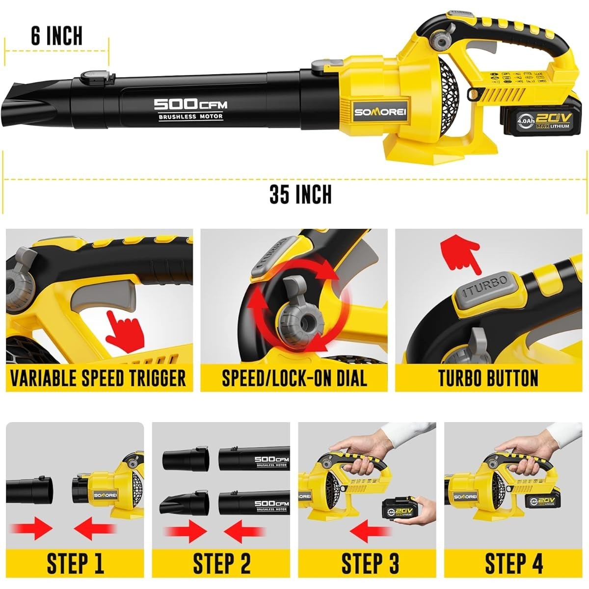 SOMOREI Cordless Leaf Blower – 500 CFM Brushless Electric Blower with 2 Packs 4.