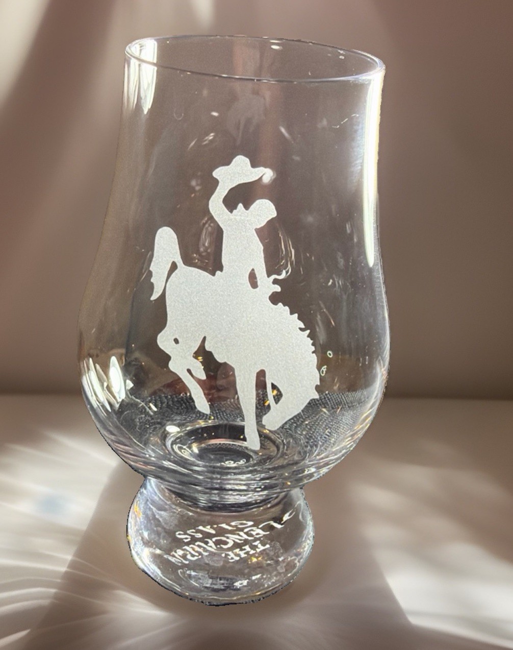 6oz lead-free crystal Glencairn whiskey glass, featuring a hand-sandblasted WY