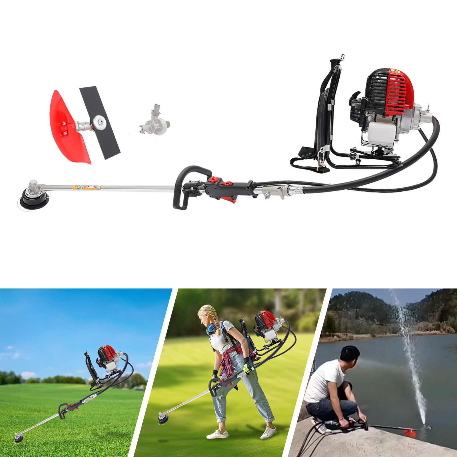 31CC 4-stroke Backpack Gas Garden Brush Cutter Grass Trimmer Lawn Mower+Pumping