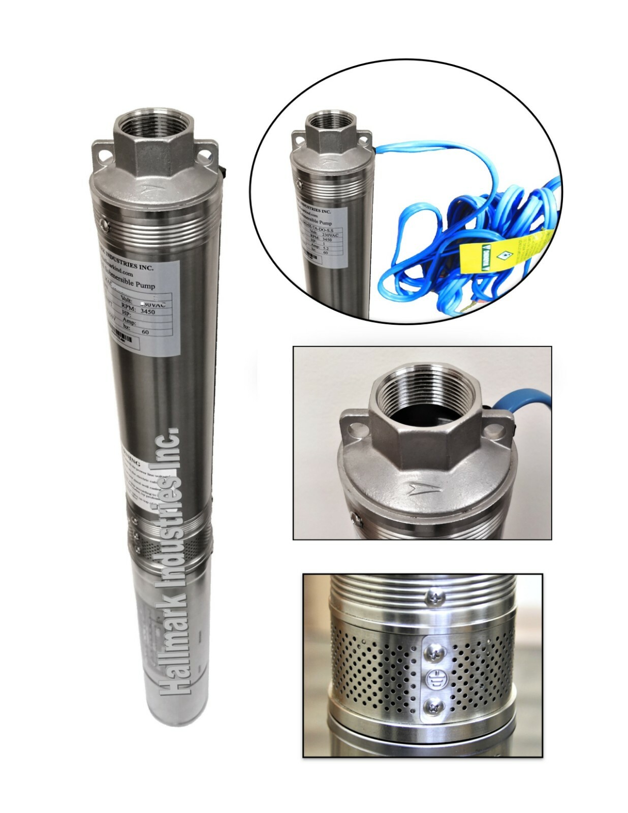 Submersible Pump, 3.5″ Deep Well, 1 HP/220V, 33 GPM/207′, all S.S. Hallmark Ind