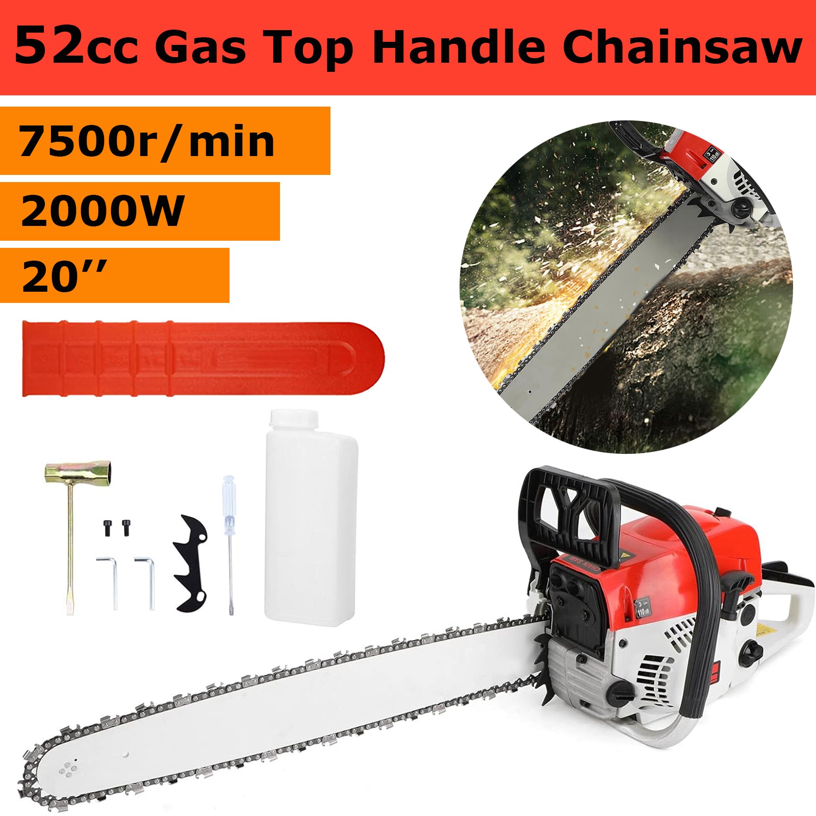 2-Stroke Gasoline Chainsaw 52 CC 20″ Bar Power Engine Wood Cutting Gas Chain Saw