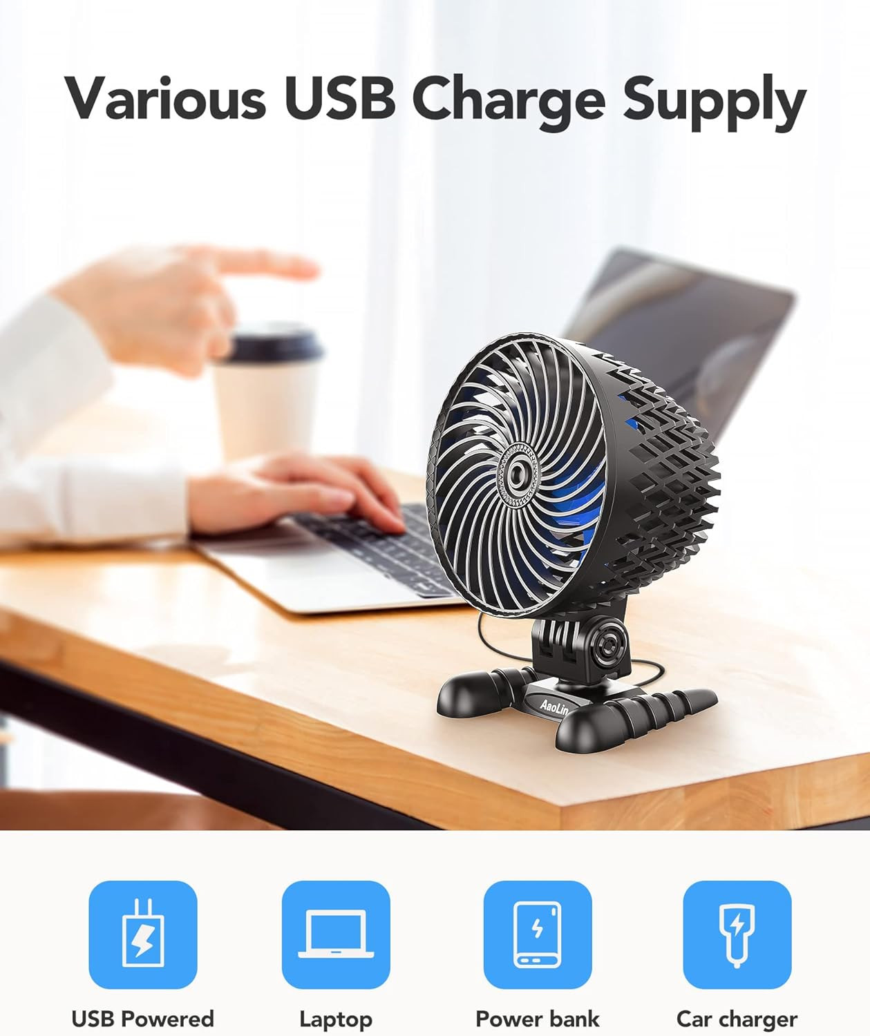 USB Desktop Small Fan, Stepless Speed Adjustment with Desk Black Blue