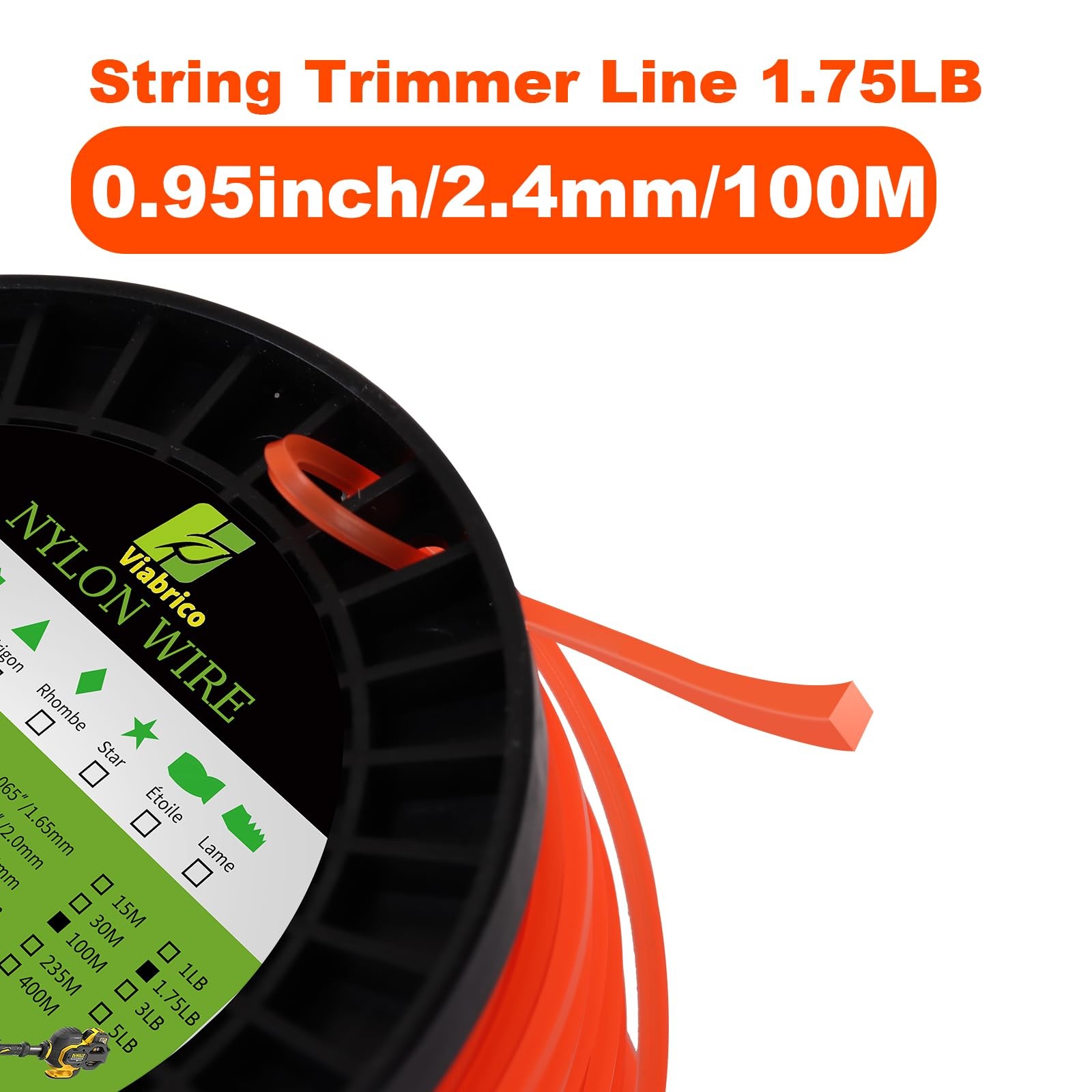 Viabrico String Trimmer Line, Square Orange Heavy 1.7LB x .095 in,