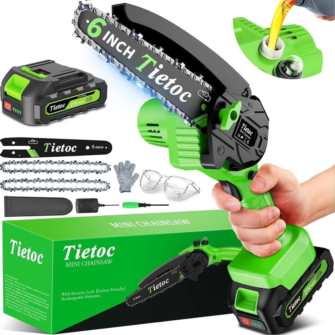 Tietoc Chainsaw 6 Inch Mini Electric Chainsaw Cordless Battery Powered, Hand Hel