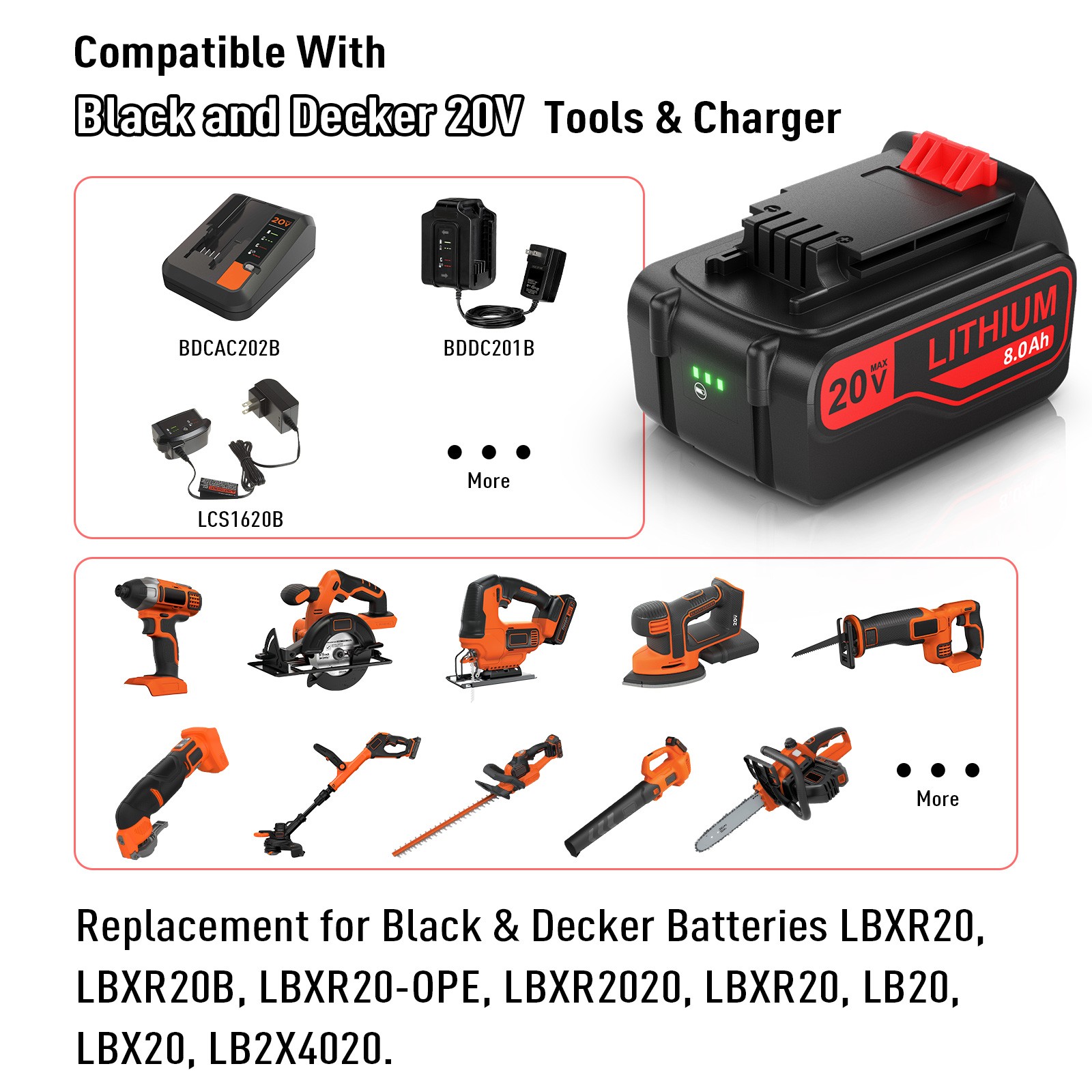 FOR Black & Decker 20Volt LB2X4020 3.0AH-8.0Ah Battery MAX Lithium LBXR20 LBX20