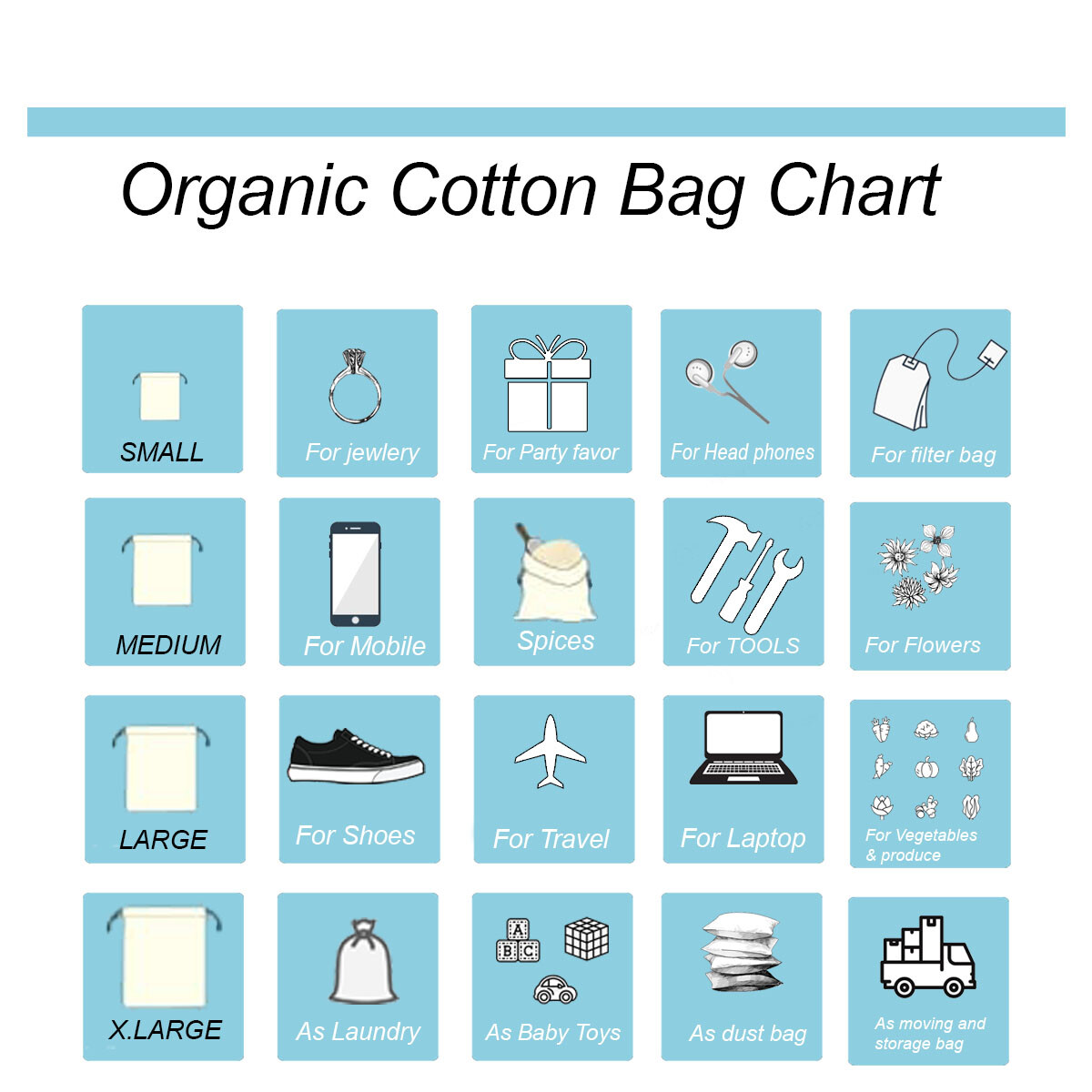 100% Cotton Reusable Produce Bags–Double Drawstring Multipurpose Storage Pouches