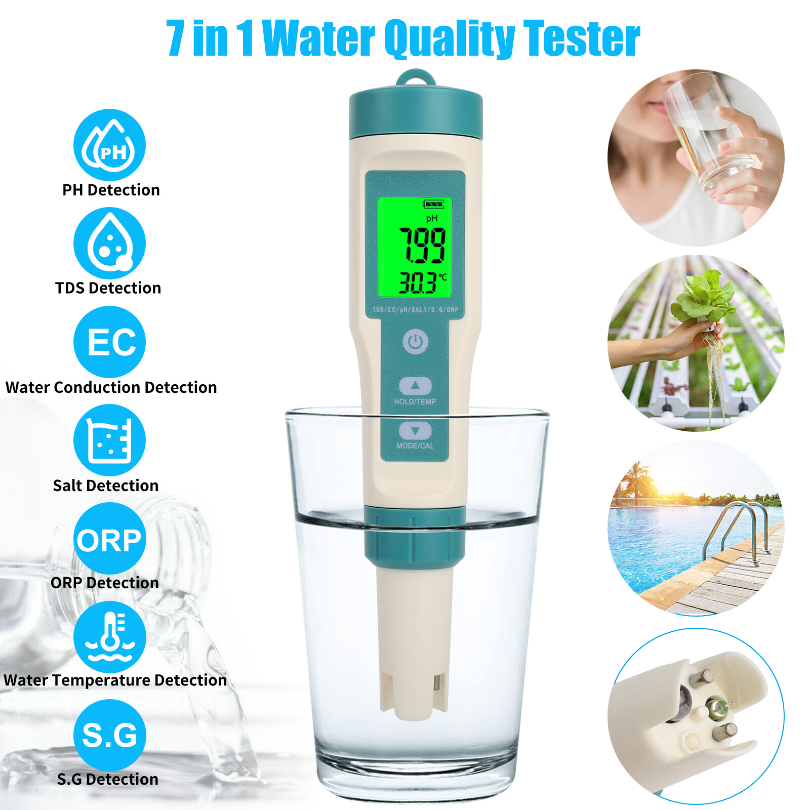 7 in 1 Digital LCD PH/TDS/EC/ORP/TEMP/SG/Salinity Water Quality Tester Meter Pen