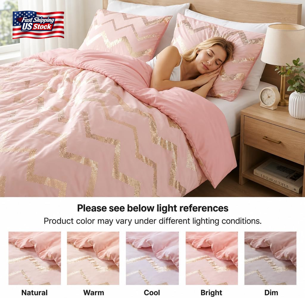 Codi Twin Comforter Set for Teens and Adults, 3-Piece Pink and Gold Bedding, War