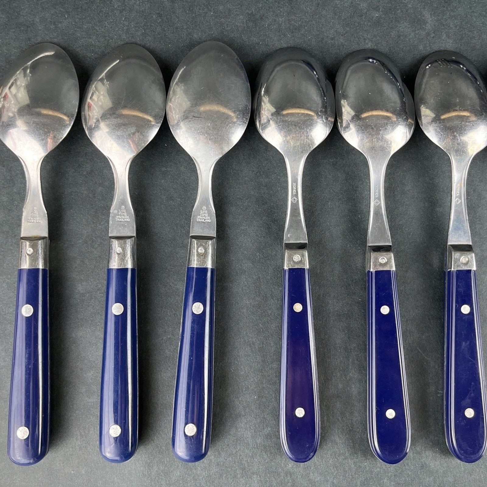 30pc VTG MCM Blue Riveted Handle Flatware Stainless Lifetime Thailand, Korea Mix
