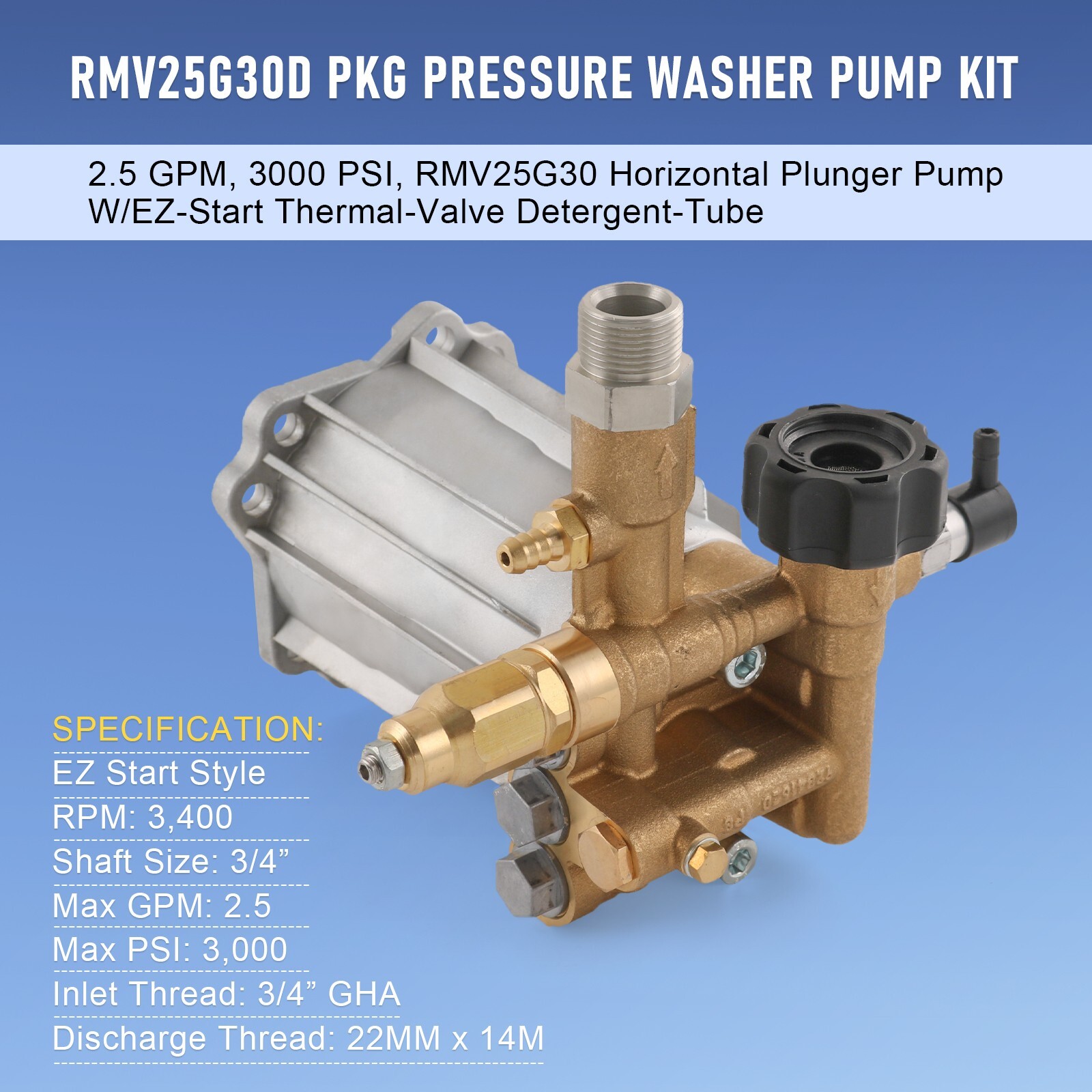 AR RMV2.5G30 PRESSURE WASHER PUMP AXIAL, 2.5GPM 3000 PSI, 3400 RPM, 3/4″ SHAFT