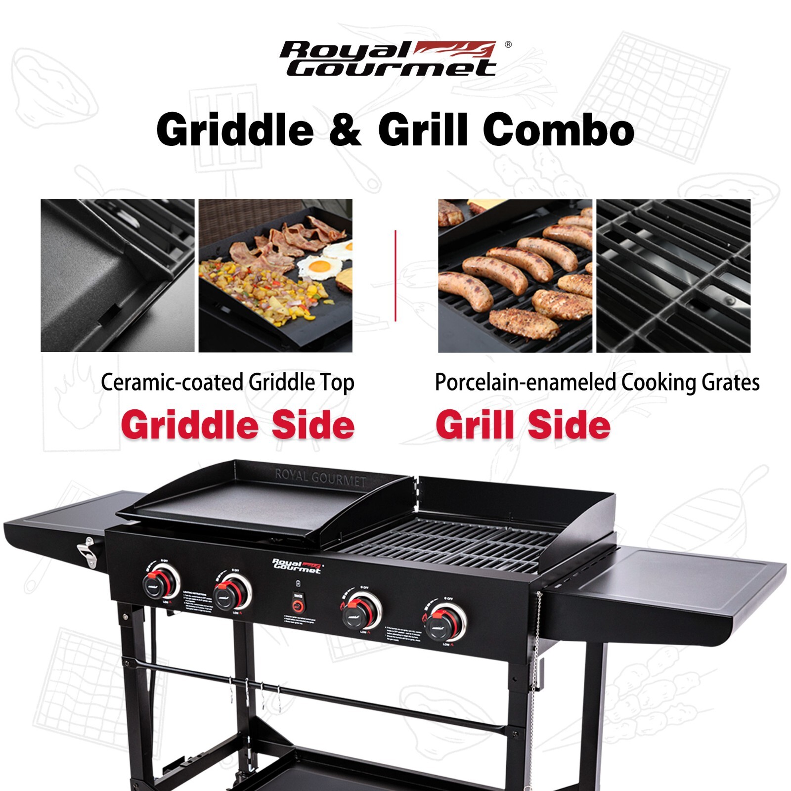 Royal Gourmet 4-Burner Portable Gas Grill Griddle Combo with Folding Legs