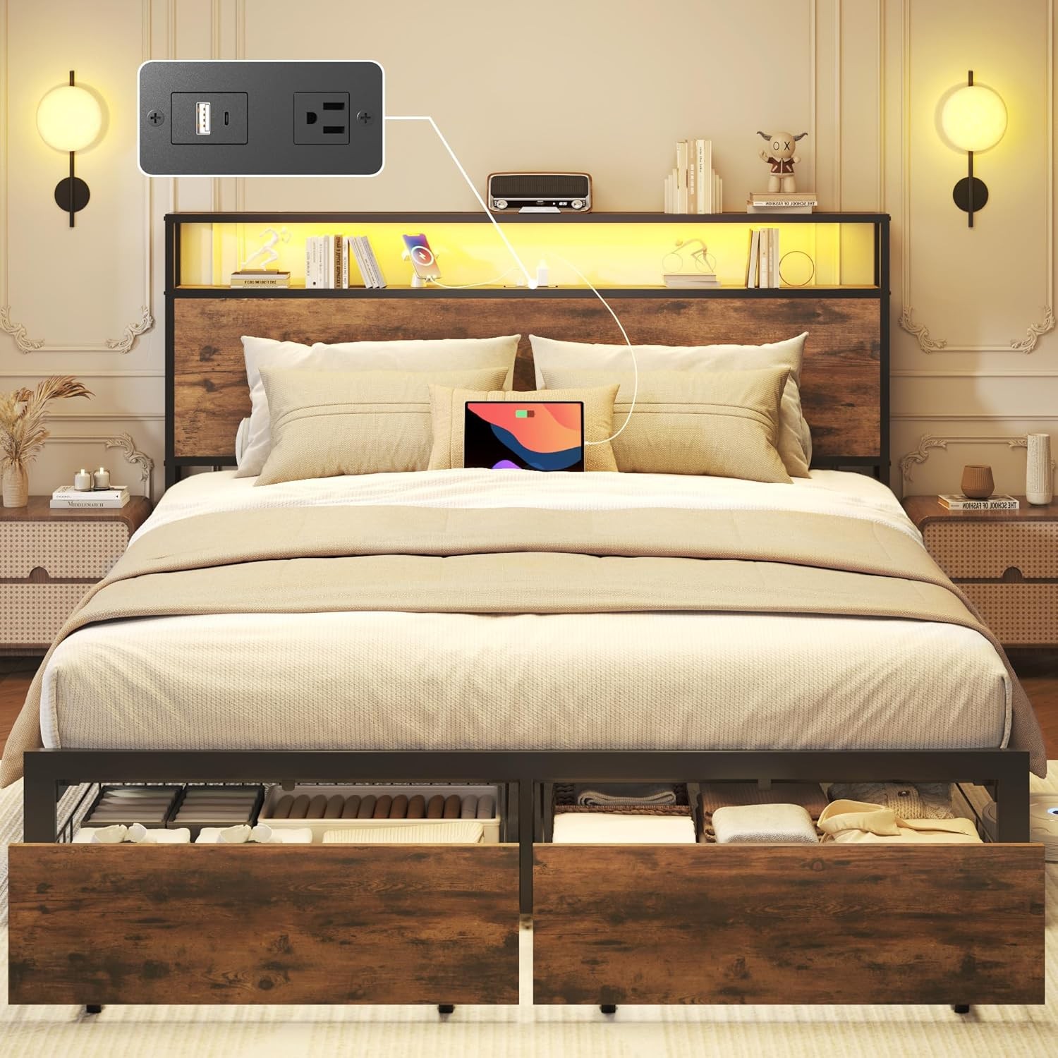 Queen Full Size Bed Frame with Storage Headboard &Charging Station＆ LED Lights