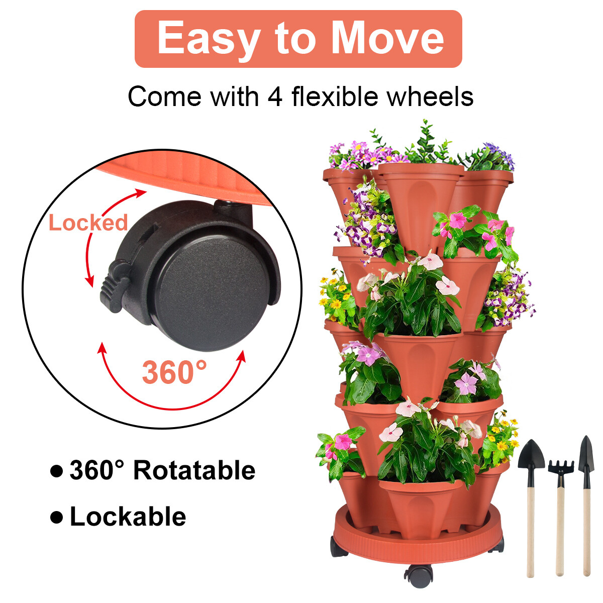 Vertical Planter 3-7 Tier Stackable Planters w/ Wheels & Tools Garden Tower Pot