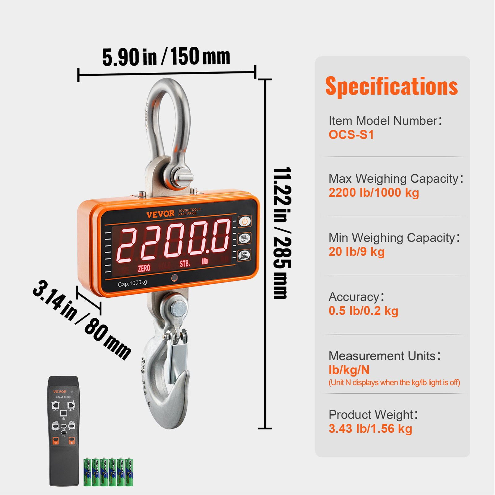 VEVOR Digital Crane Scale, 2200 lbs/1000 kg, Industrial Heavy Duty Hanging Scale