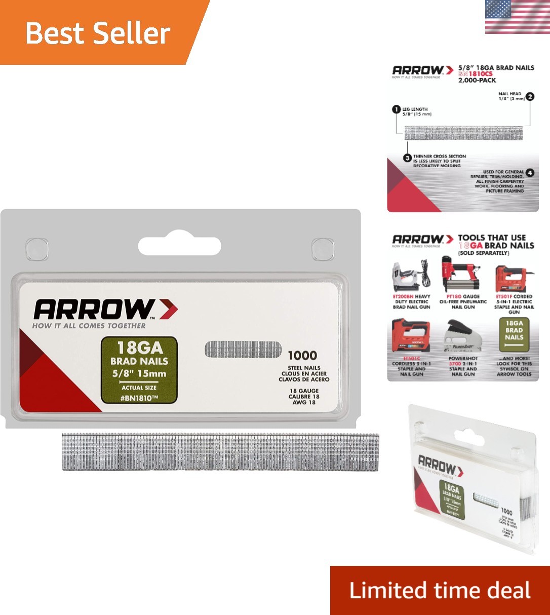 Versatile 5/8 Inch Arrow 18-Gauge Brad Nails – 1000 Count, Perfect for Framing