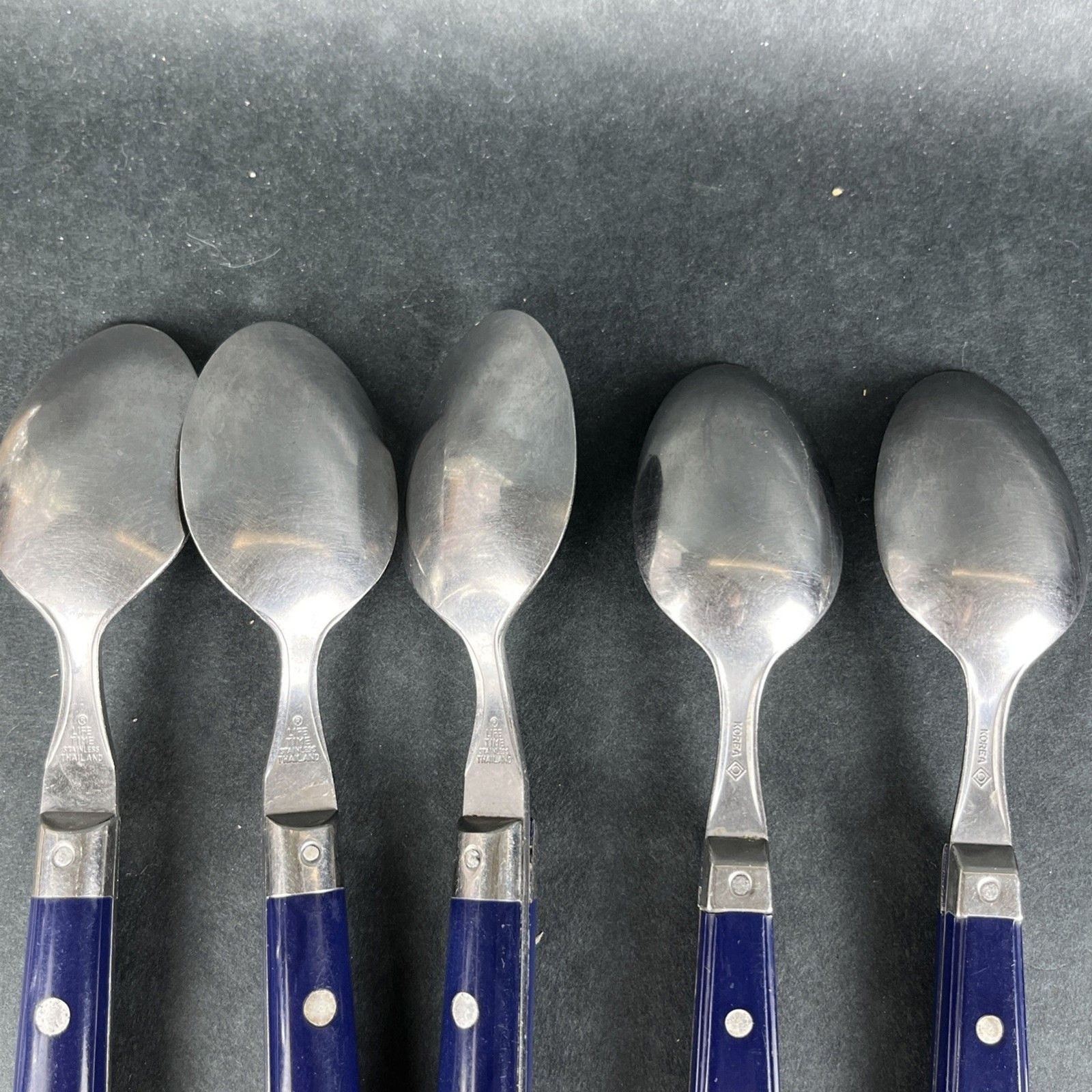 30pc VTG MCM Blue Riveted Handle Flatware Stainless Lifetime Thailand, Korea Mix
