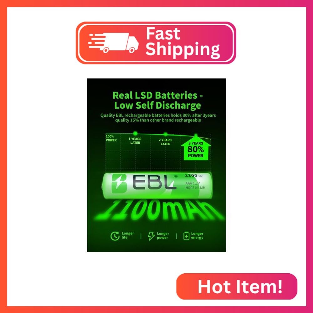 EBL 1100mAh Super Capacity AAA Rechargeable Batteries, 4 Pack