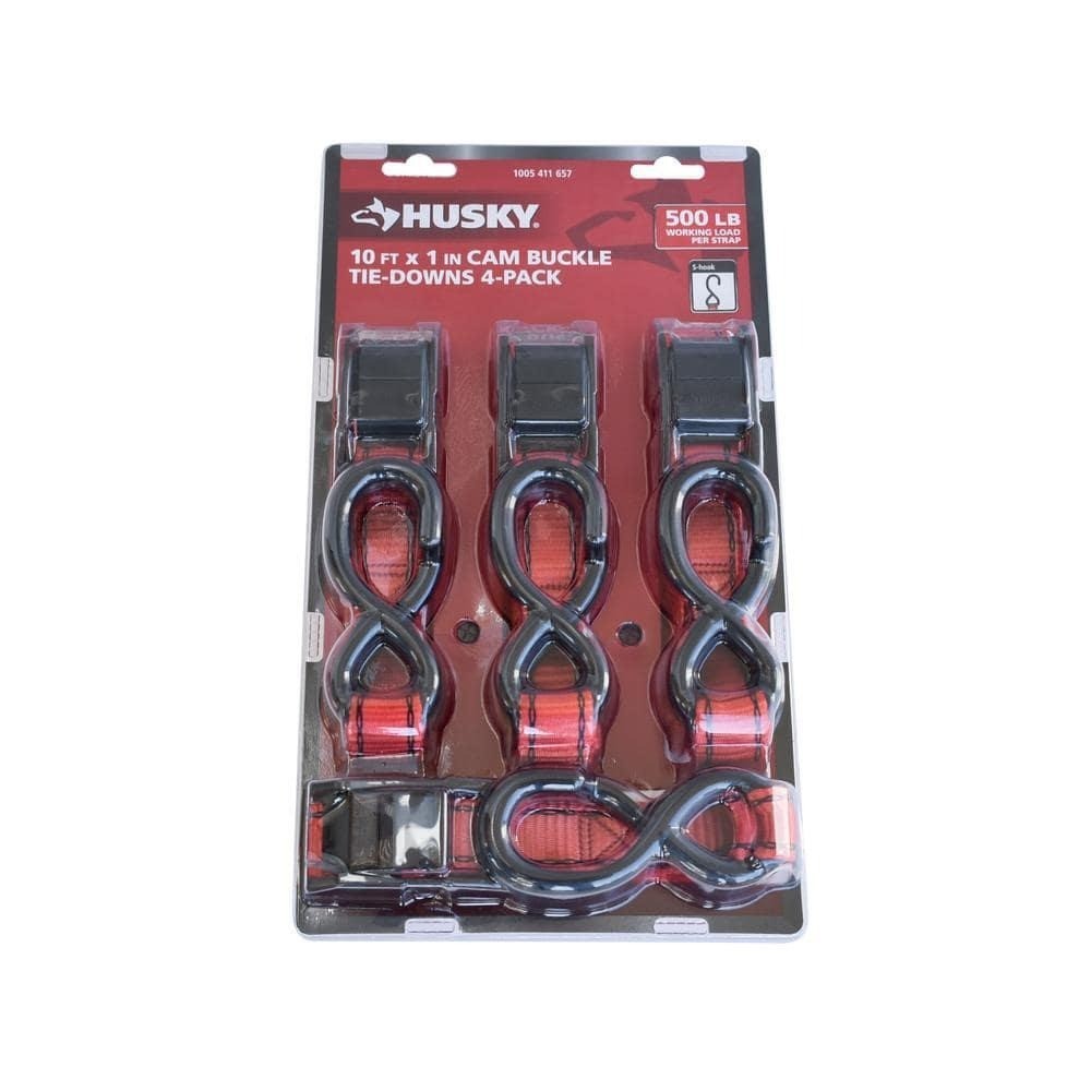 4 PACK Cam Buckle Tie-Down Straps with S Hook 1 In. X 10 Ft Heavy Duty Strap