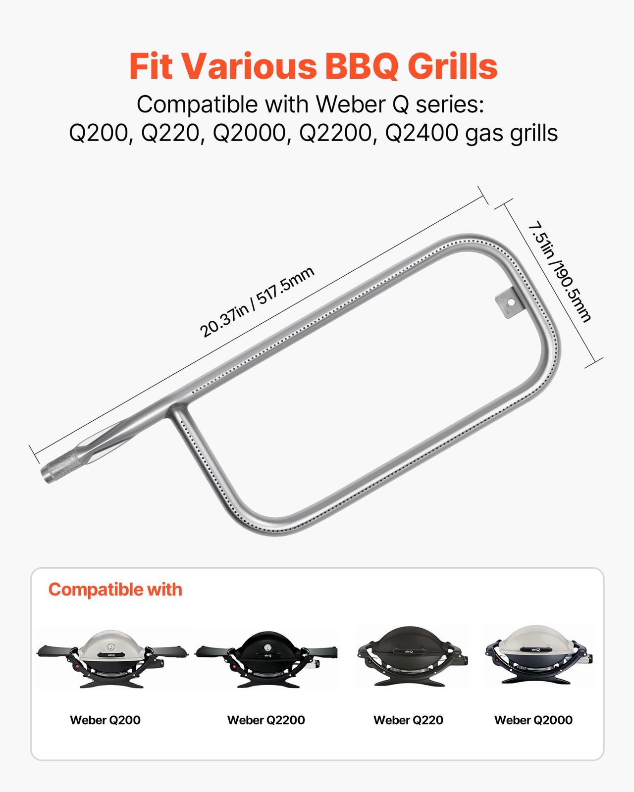 VEVOR Stainless Steel Tube Burner for Weber Q200 Q220 Q2000 Q2200 Q2400 Grills