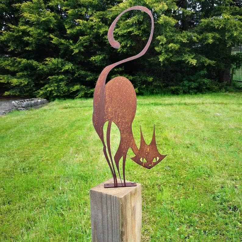Retro Rusty Metal Cat Fence Topper Decor Outdoor Yard Signs Decoration Metal Cat