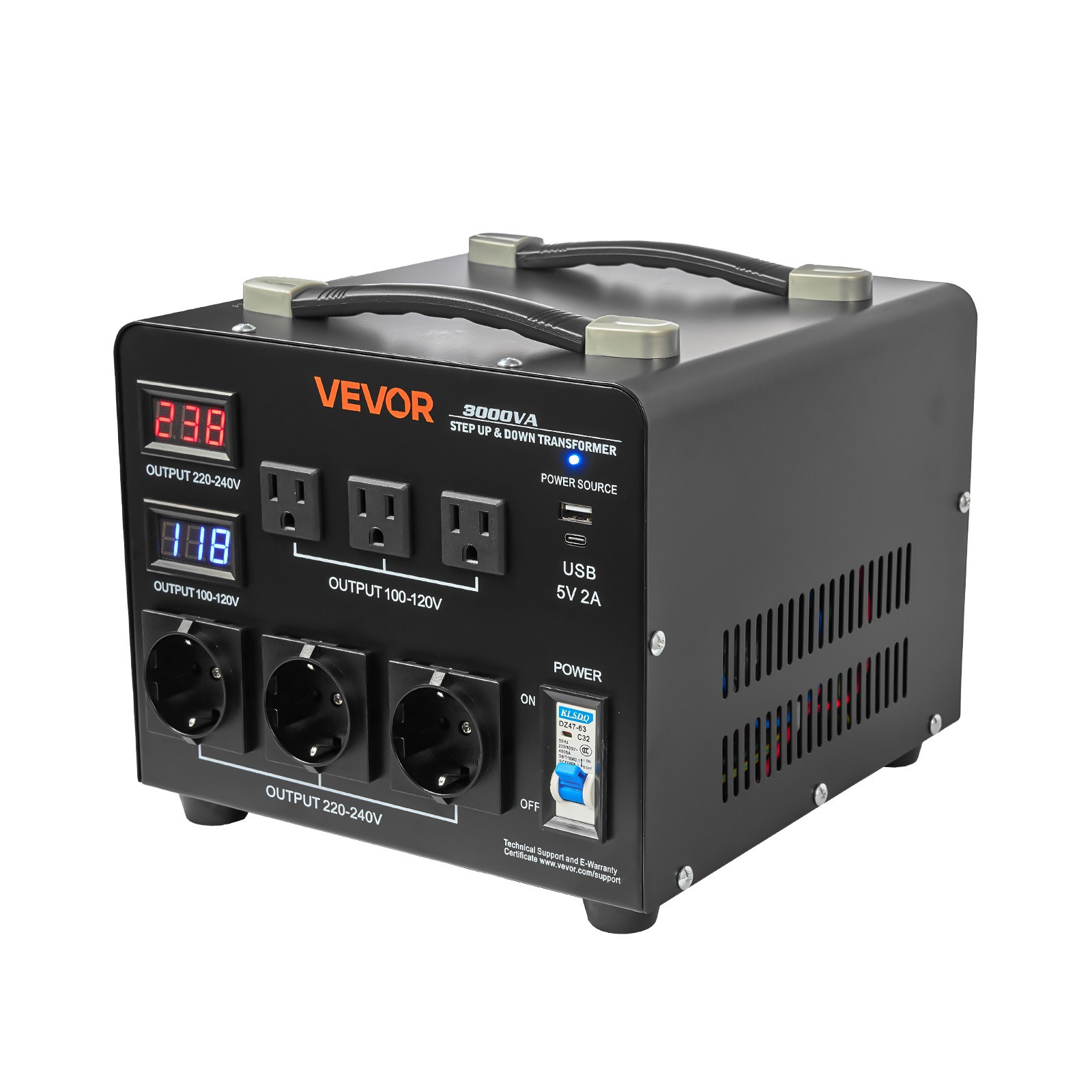 VEVOR Voltage Converter Transformer 3000VA Step Up/Down 110 to 220V/220 to 110V