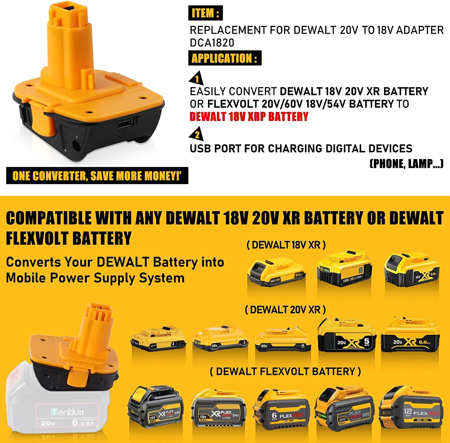 For Dewalt DCA1820 20V MAX To 18V Adapter Converter For Dewalt Li-Ion Battery