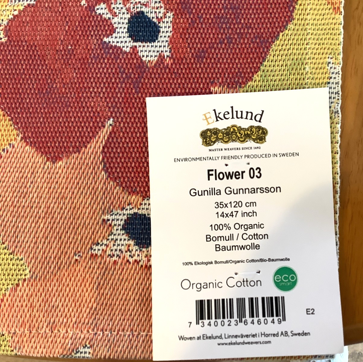 NEW EKELUND Table Runner “Flower 3″ 100% Organic Cotton 14″x47” Sweden