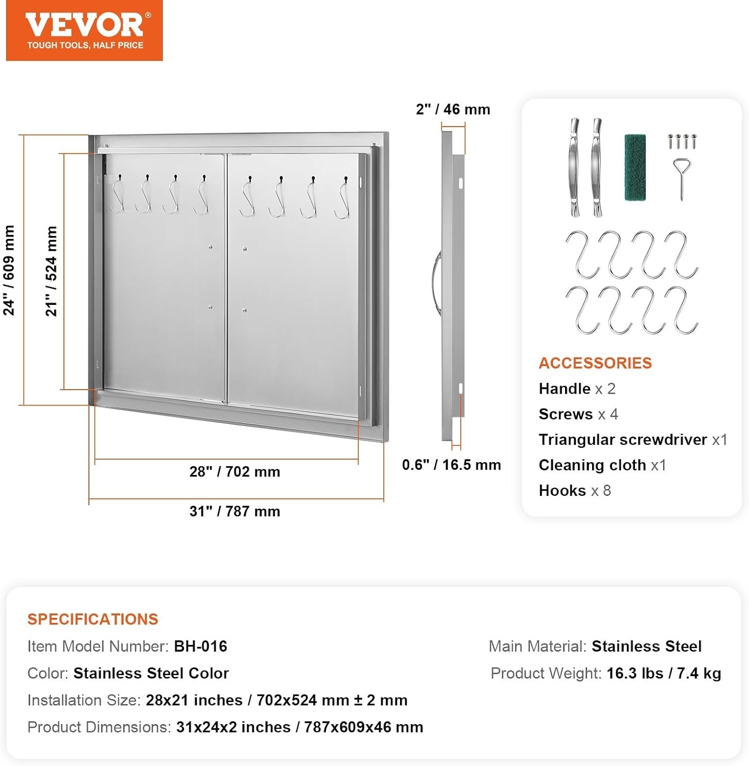 Modern 31W x 24H BBQ Access Door in Stainless Steel, Ideal for Grilling Stations