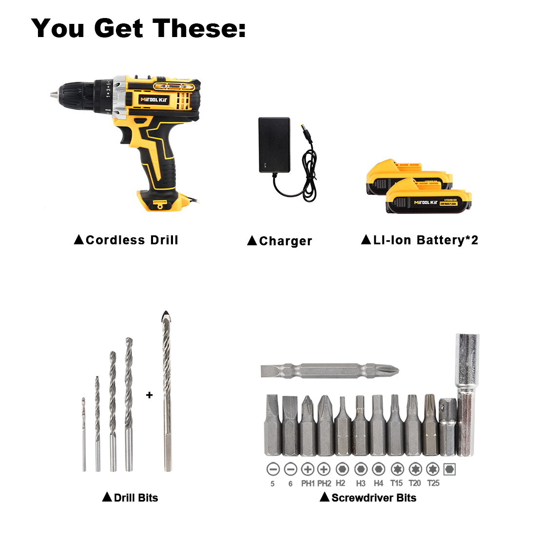 Cordless Screwdriver Drill Kit Electric Rechargeable Power Tool Set W/2 Battery