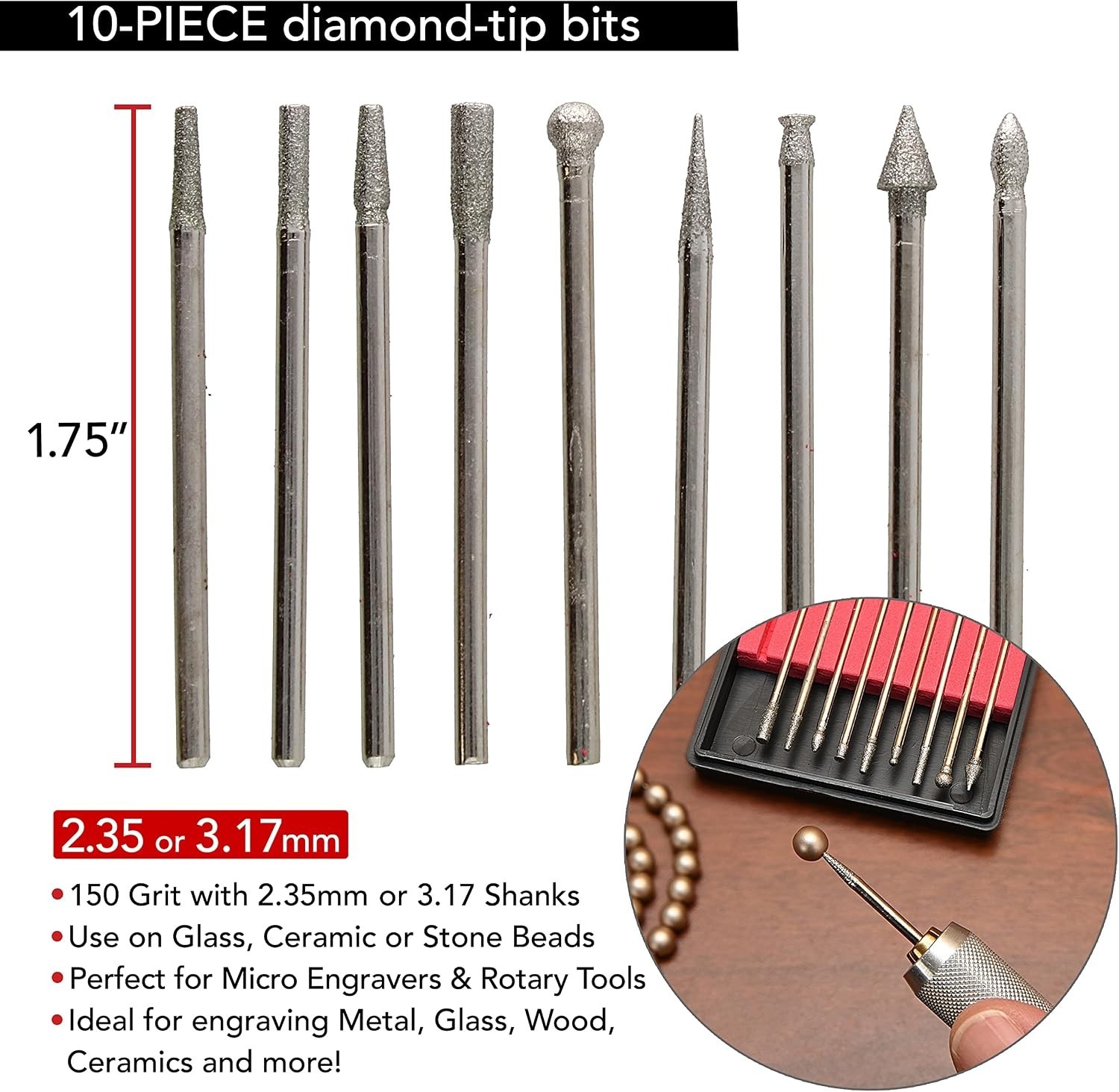 Diamond Coated Burr Set – 10 Bits with 2.35mm & 3.17mm Shanks for Versatile Use