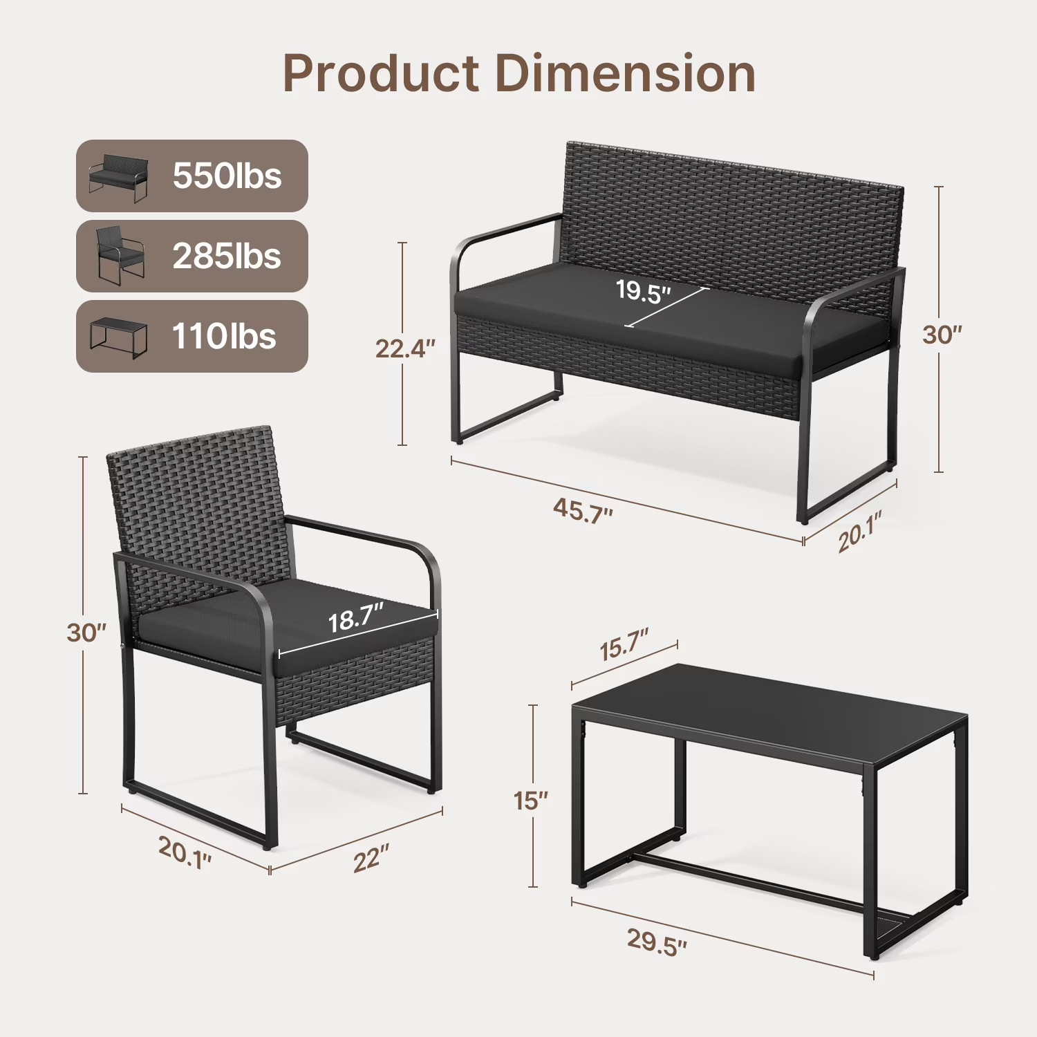Patio Furniture Set, Outdoor All-Weather Conversation Set for 4 with Wicker Chai