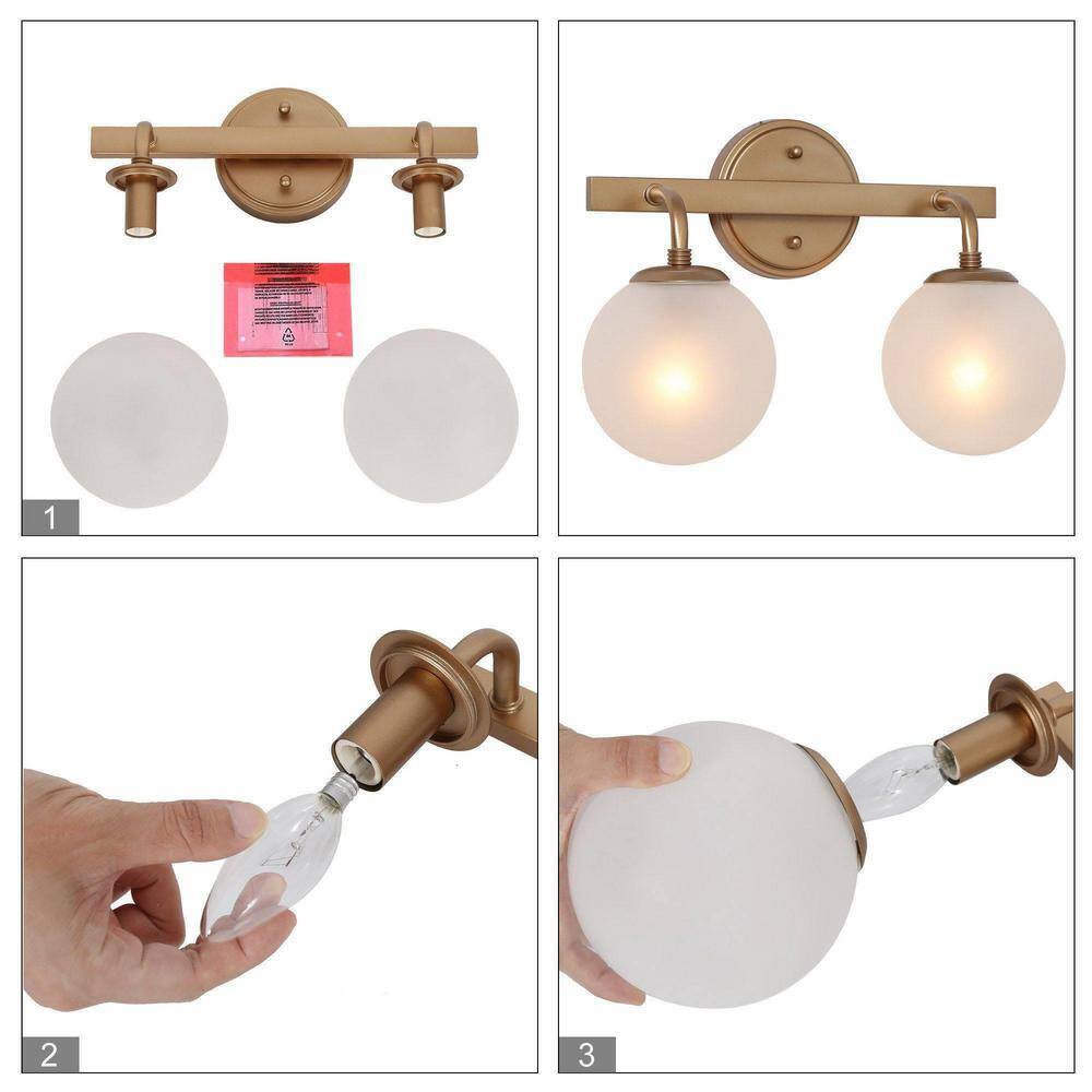 Uolfin 14.2 in. 2-Light Dark Gold Vanity Light with Frosted Glass Shades