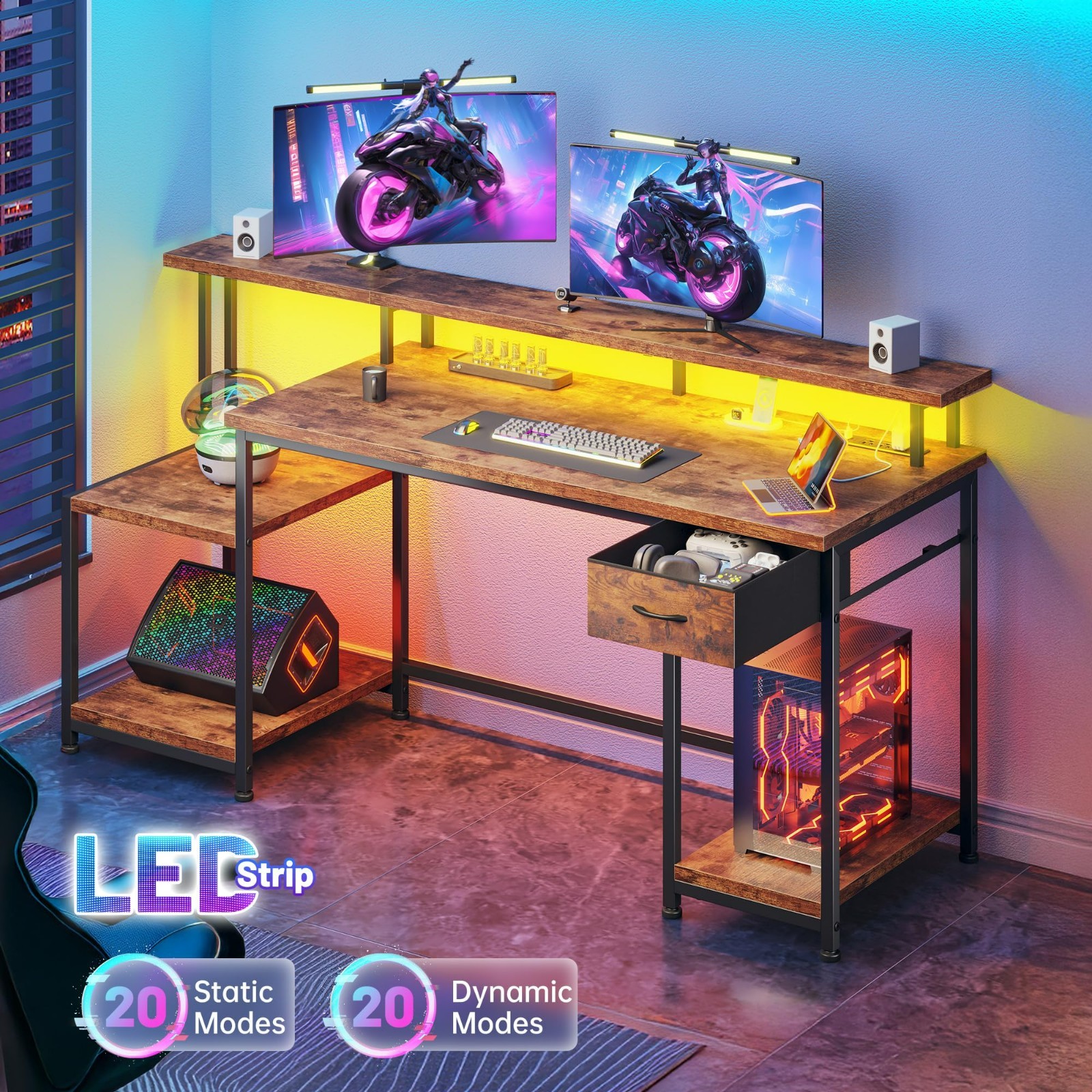 Home Office Study Table Work Computer Gaming Desk with Drawer & LED,Rustic Brown