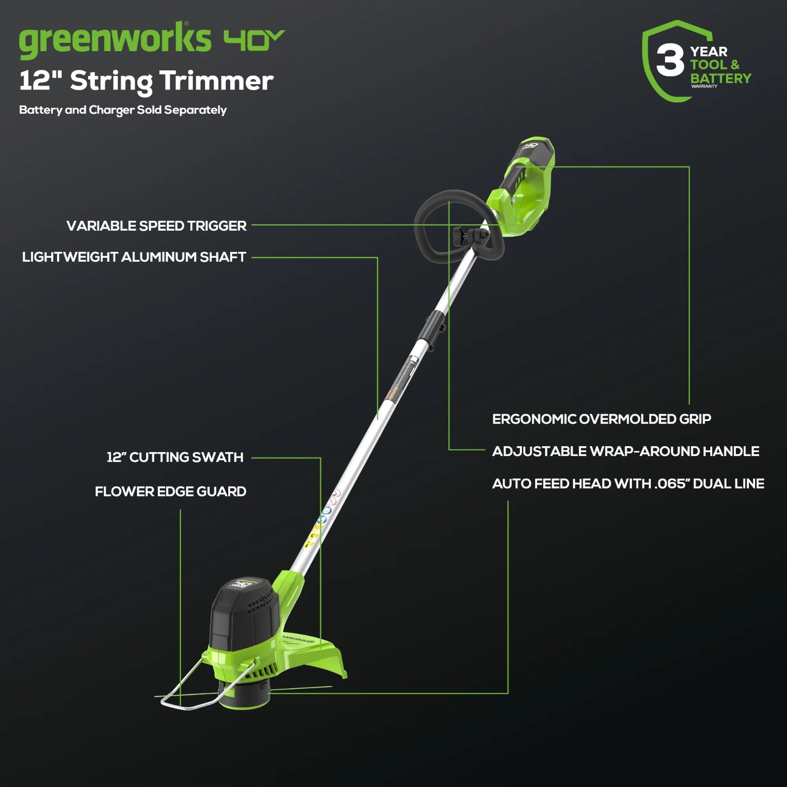 Greenworks 40V 12″ Cordless Brushed Battery String Trimmer (Tool Only) SBST4000