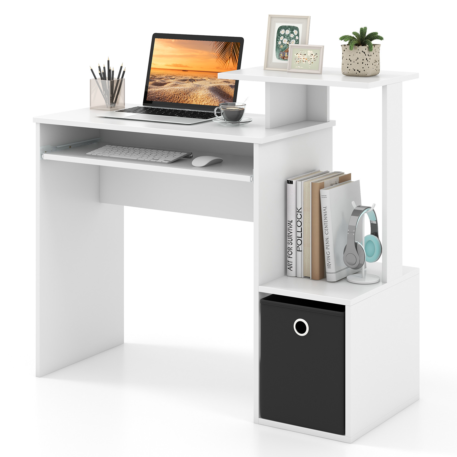 Home Office Computer Desk Space-saving Study Writing Desk w/ Keyboard Tray