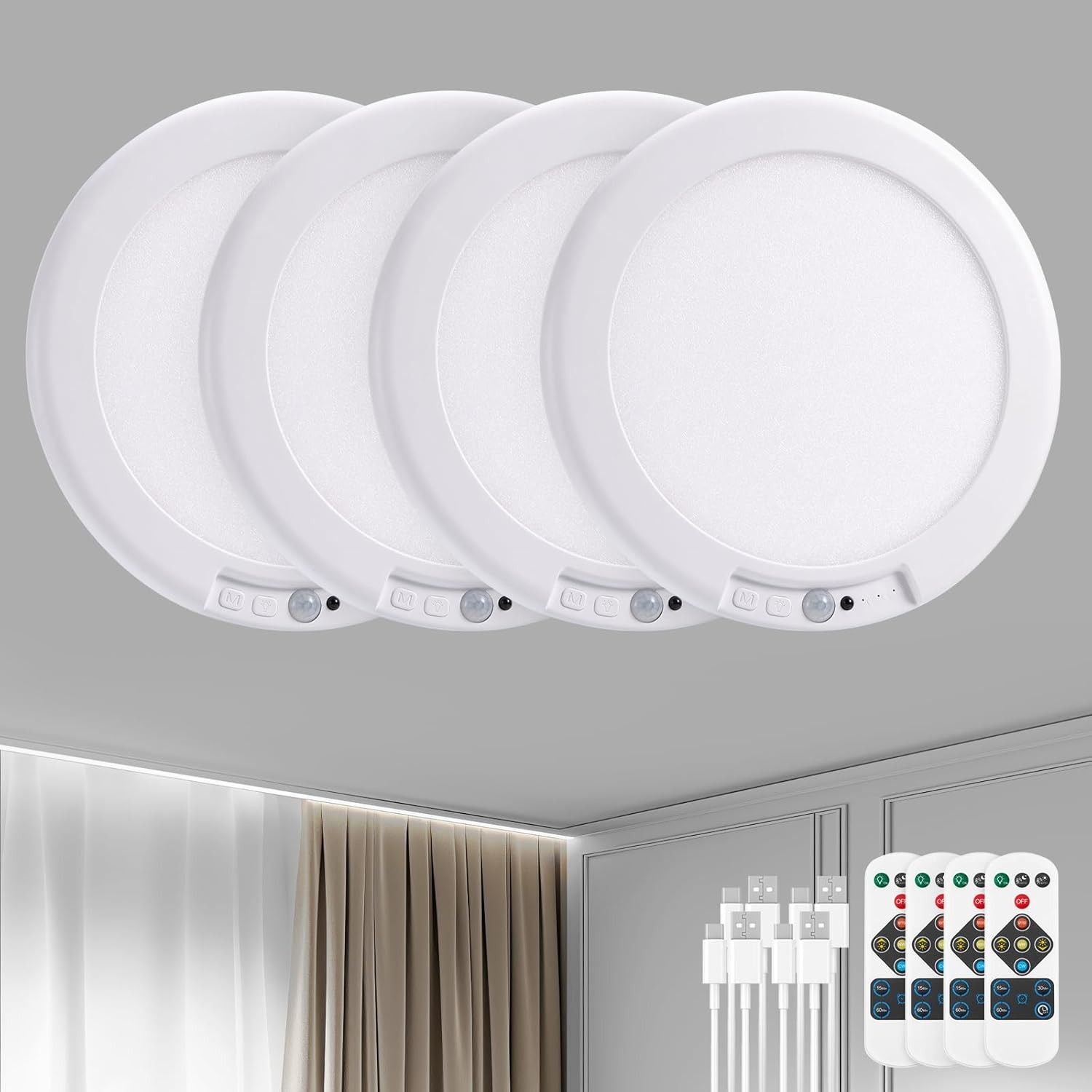 1/2/4Pack Rechargeable Motion Sensor Ceiling Light with Remote Magnetic Wireless