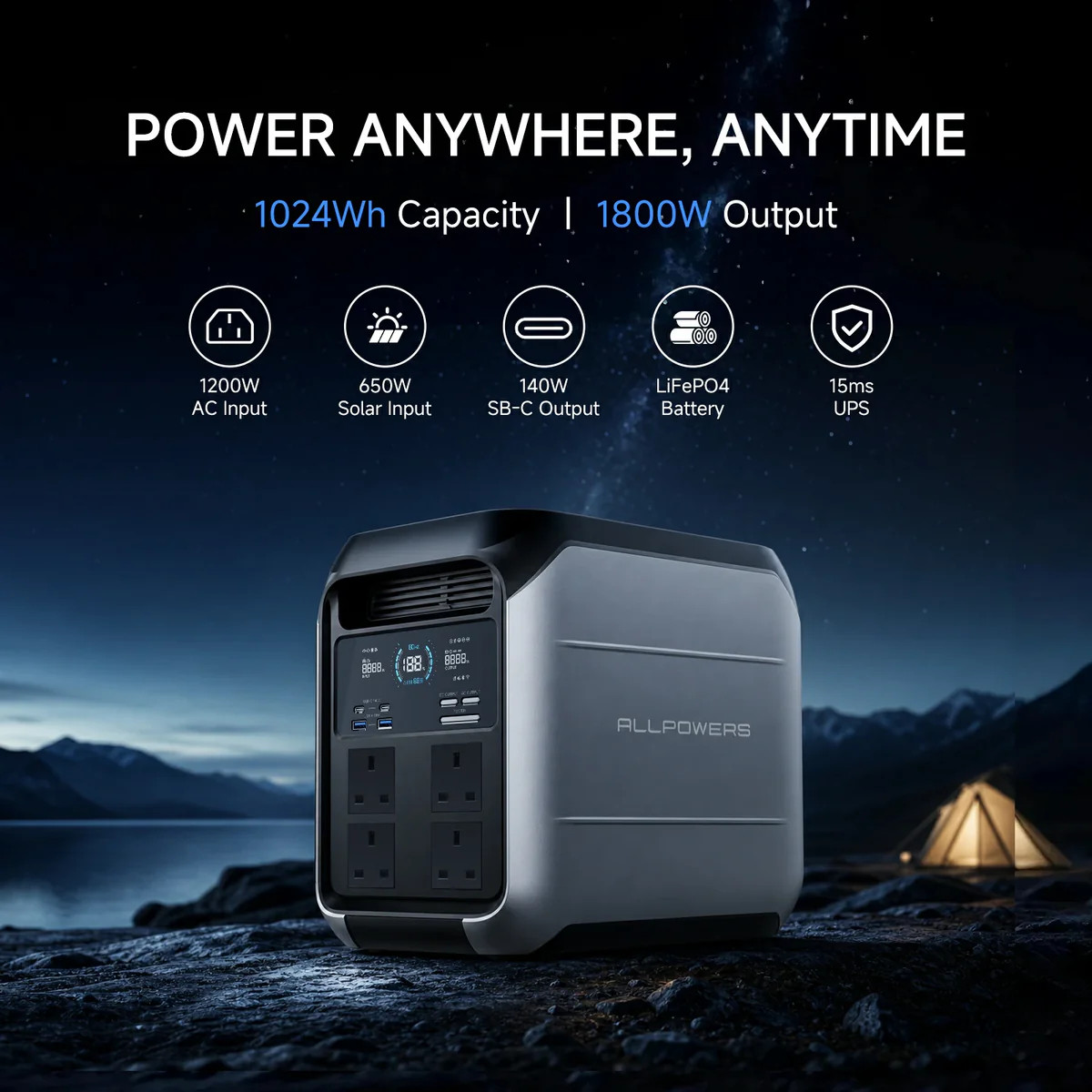 ALLPOWERS 1800W Portable Power Station Solar Generator AC UPS + 160W Solar Panel