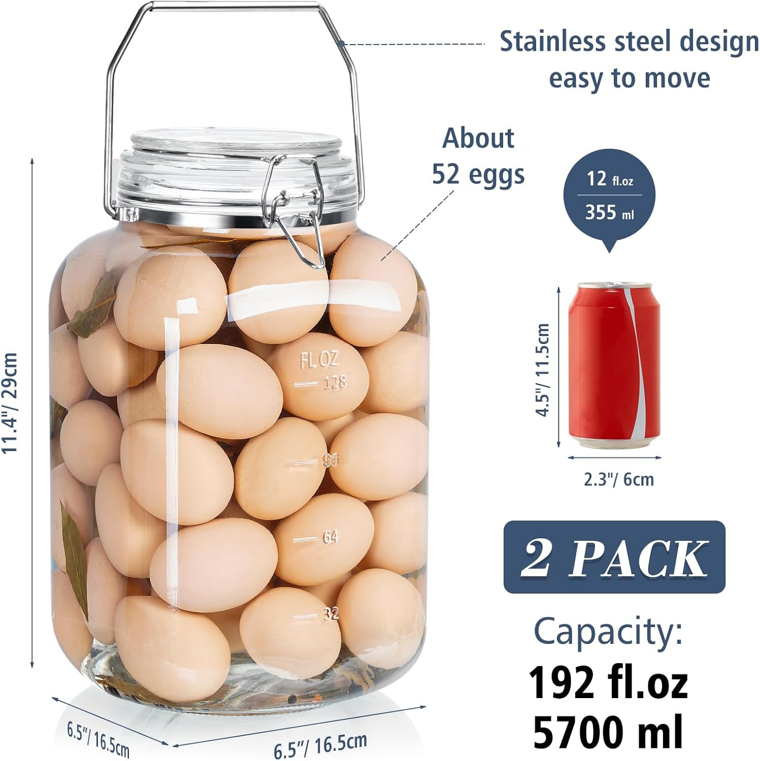 Folinstall 2 Pack 1.5 Gallon Glass Jar with Airtight Lid, 192 Oz Square Wide Mou