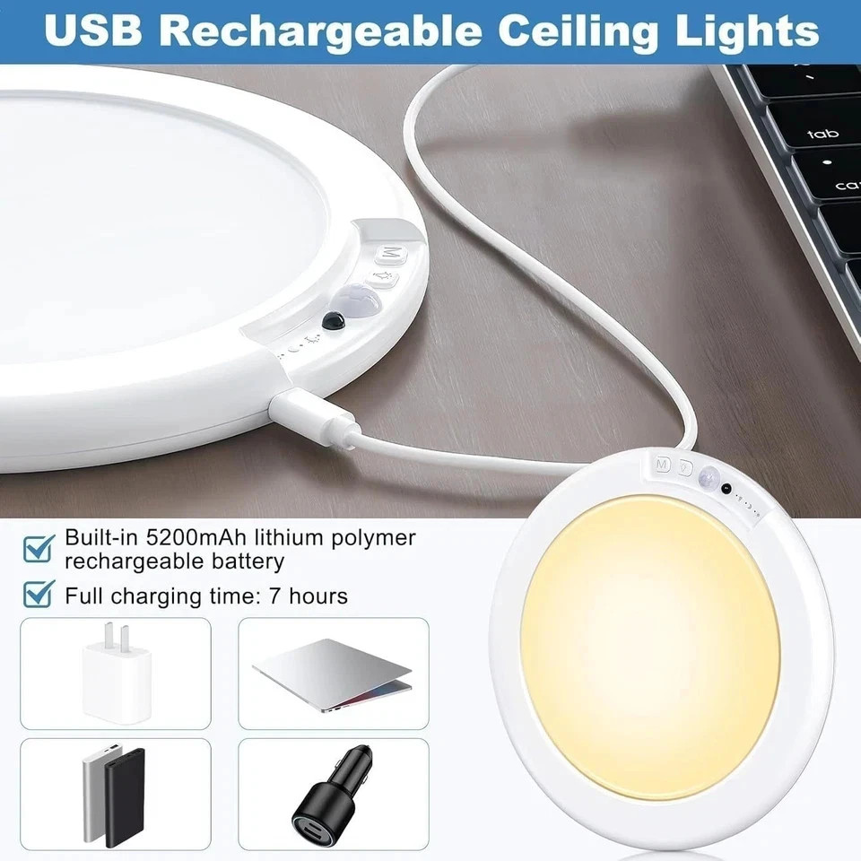 Rechargeable Motion Sensor Ceiling Light W/Remote Battery Powered Wireless 1/2/4