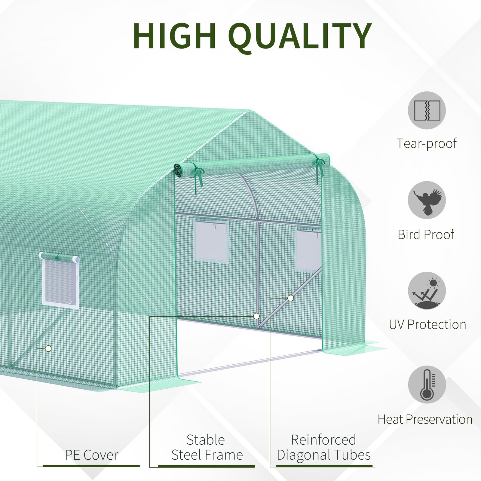 Walk-In Tunnel Greenhouse 11.4 x 9.8 x 6.8 ft Roll-Up Door 6 Windows