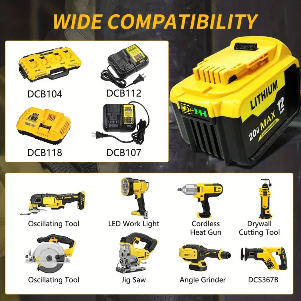 Pack For DeWalt 20V 20 Volt Max 12.0AH Lithium Ion Battery DCB206-2 DCB205-2