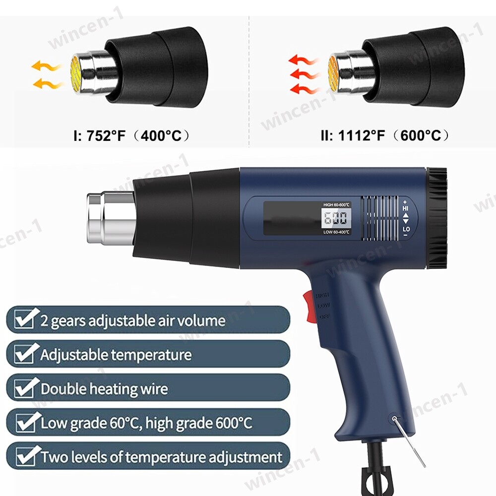 2500W Heat Gun Electric Hot Air Gun Dual Temperature LCD Display 4 Nozzles Tool