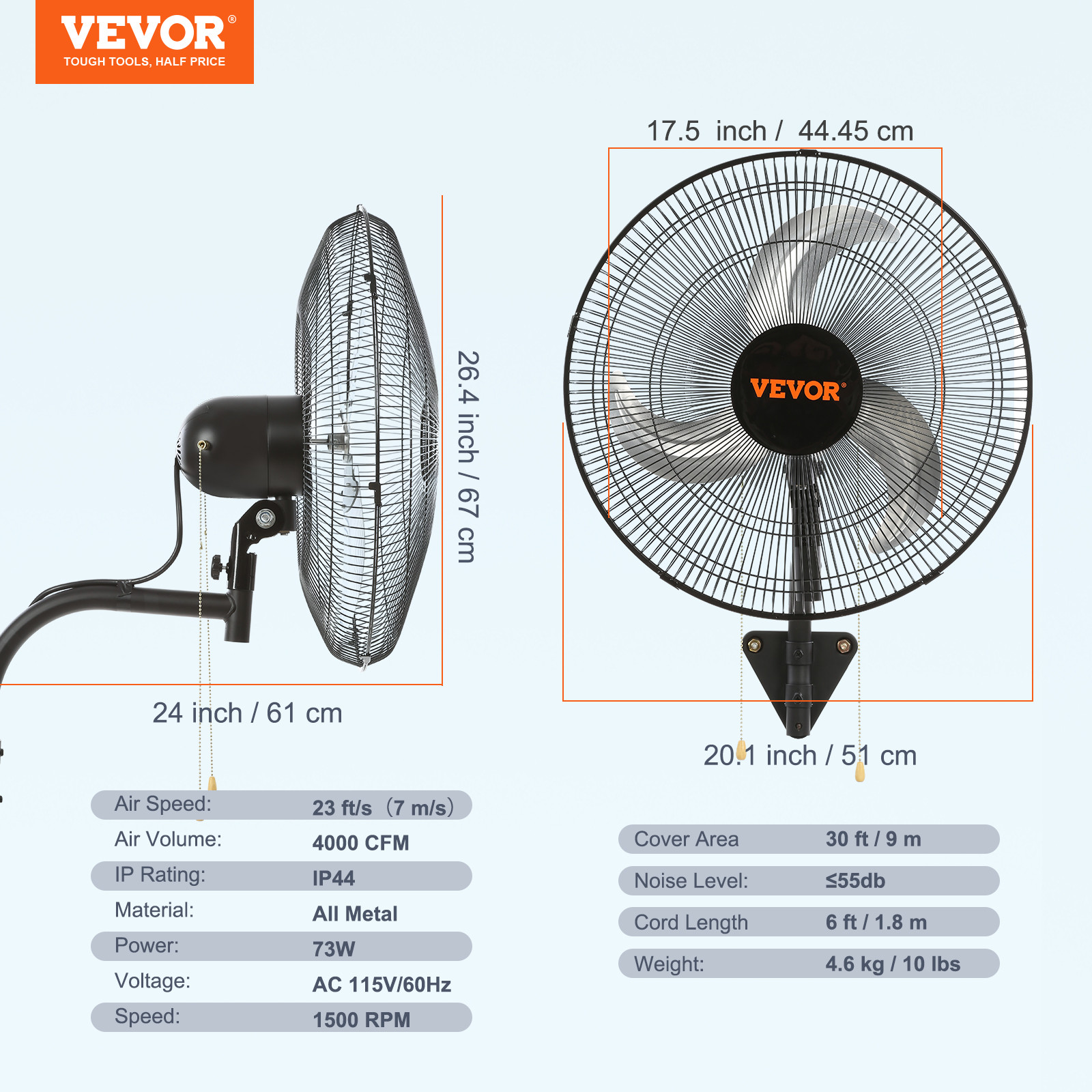 VEVOR Industrial Wall Mount Fan Oscillating Metal Fan 17.5” 3 Speed Ventilation